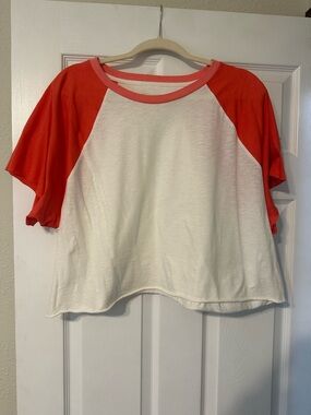 aerie Boxy Raglan Crop Tee in White and Coral